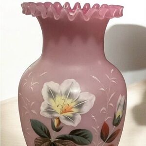 Antique Frosted Pink Ruffled Hand Painted Vase